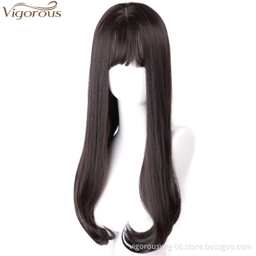 Vigorous Natural Straight Hair Wigs for Black Women Black Brown Synthetic Wigs with Blunt Bang Middle Part Heat Resistant Wig